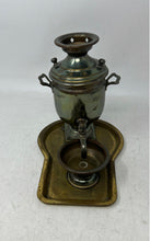 Load image into Gallery viewer, Russian Gold-Tone Brass Collectible Samovar Tea Urn Bowl &amp; Tray Set
