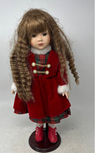 Load image into Gallery viewer, Vintage Collectible Brown Hair And Eyes Red Dress Porcelain Doll With Stand
