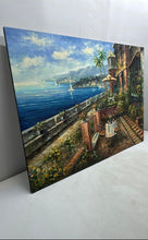 Load image into Gallery viewer, Vintage Mediterranean Coastal Sea View Terrace Canvas Oil Painting Signed
