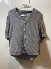 Load image into Gallery viewer, T Tahari Womens Black White Striped Puff Sleeve V-Neck Button-Up Shirt Size M

