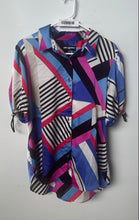 Load image into Gallery viewer, Karl Lagerfeld Womens Multicolor Geometric Short Sleeve Collared Blouse Top Sz M
