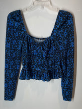 Load image into Gallery viewer, Zara Womens Blue Black Floral Ruffle Smocked Long Sleeve Blouse Top Size M
