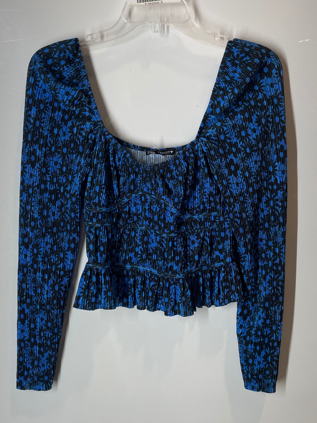 Zara Womens Blue Black Floral Ruffle Smocked Long Sleeve Blouse Top Size M