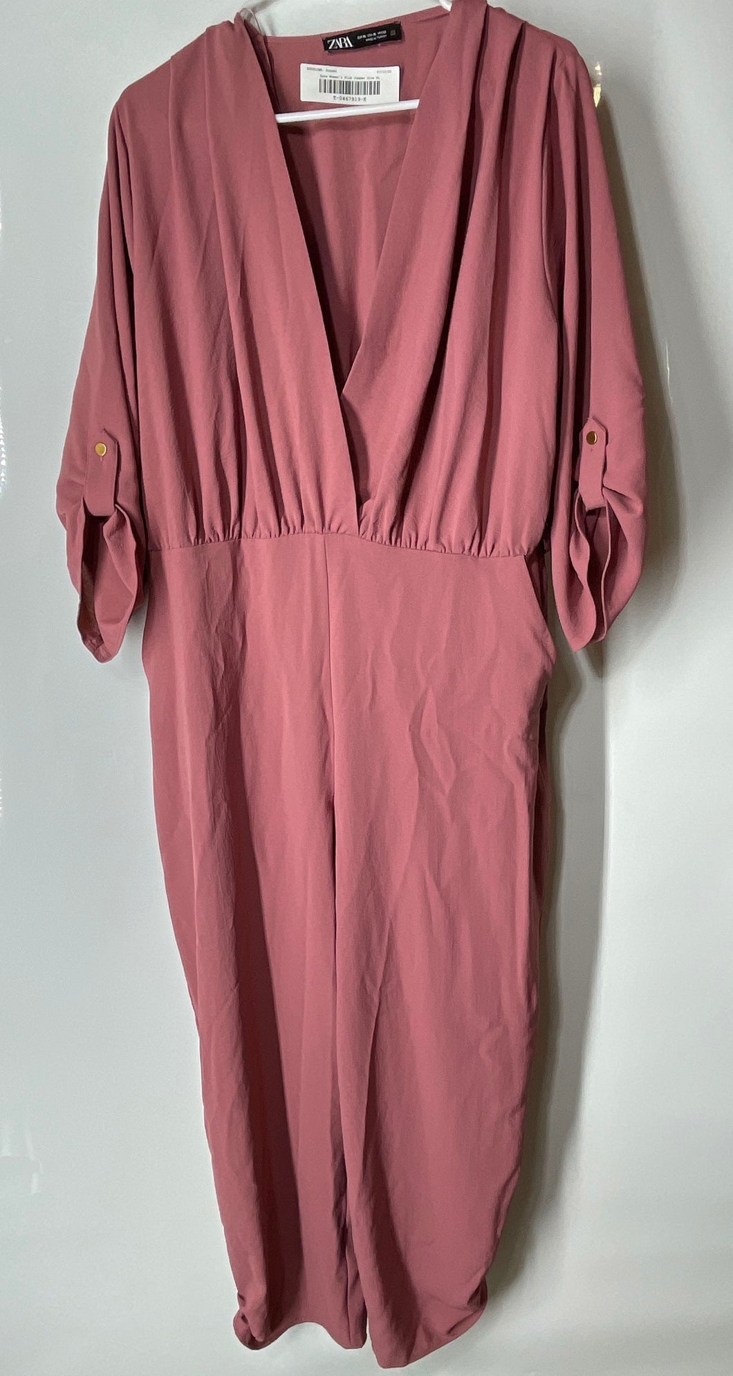 Zara Womens Pink Surplice Neck Roll-Tab Sleeve One-Piece Jumper Size XL