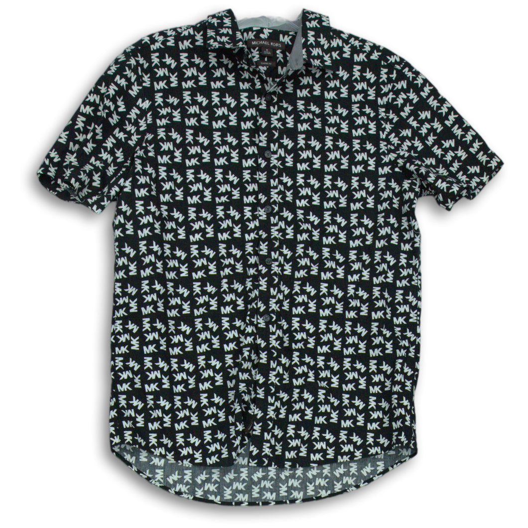 Michael Kors Mens Black White Short Sleeve Spread Collar Button-Up Shirt Size M