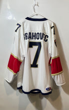 Load image into Gallery viewer, Athletic Knit Adults White Blue Florida Alliance Panthers #7 Hockey Jersey Sz L
