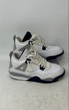 Load image into Gallery viewer, Nike Kids Air Jordan 4 Retro White Navy Blue Gray Lace-Up Sneakers Shoes Size 2Y
