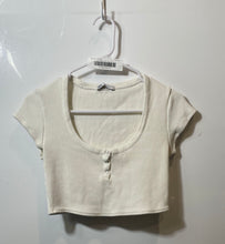 Load image into Gallery viewer, Zara Womens Beige Ribbed Round Neck Short Sleeve Cropped Blouse Top Size L
