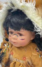 Load image into Gallery viewer, Brown Outfit Feathers Braids Face Paint Pattern Fringed Clothing Porcelain Doll
