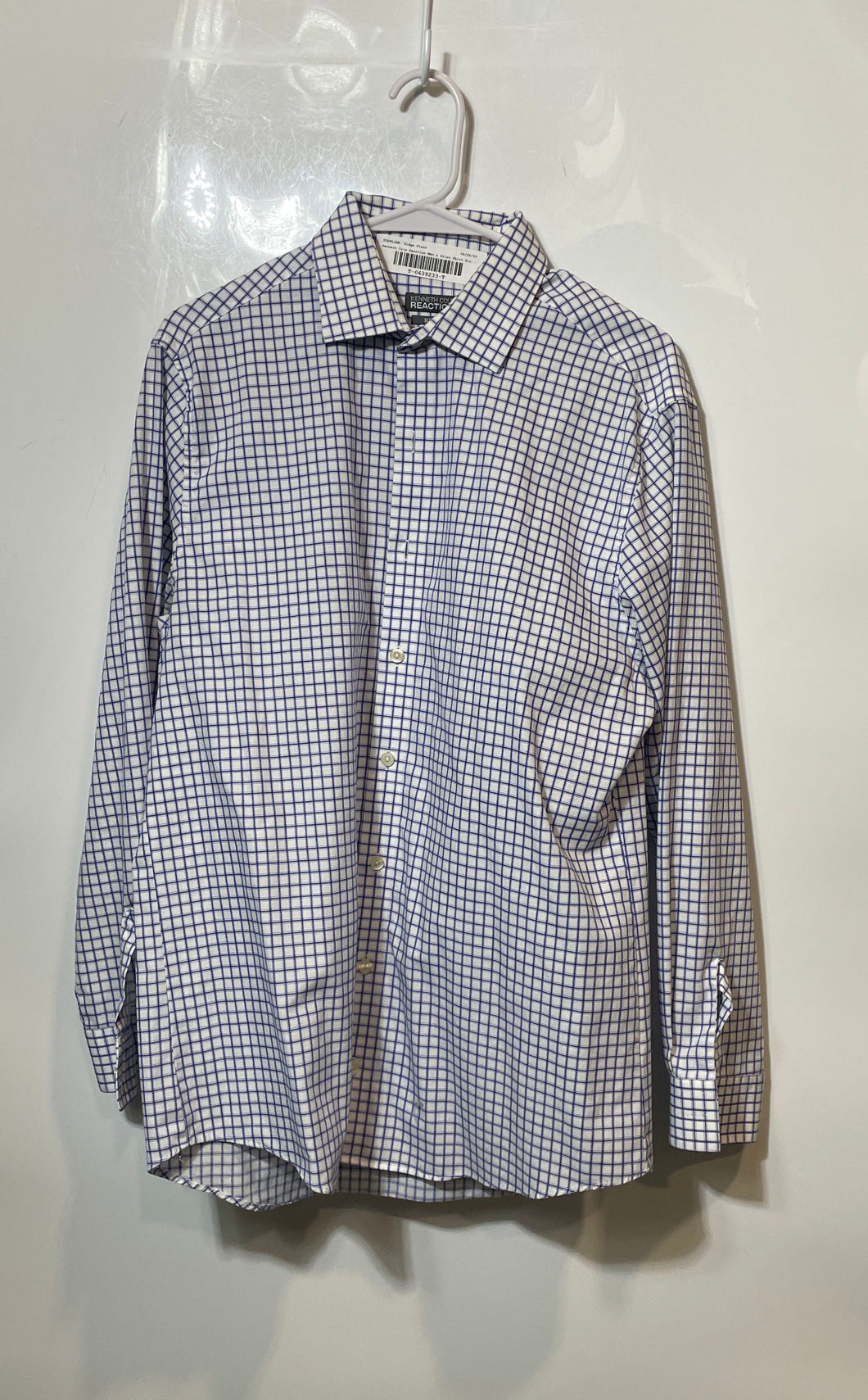 Kenneth Cole Reaction Mens White Blue Check Slim Fit Dress Shirt Size 16 32/33