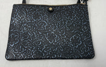 Load image into Gallery viewer, Tommy Bahama Womens Black Dark Blue Floral Engraved Leather Tassel Crossbody Bag
