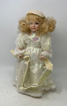 Load image into Gallery viewer, Vintage 89798 Collectible Blonde Blue Eyes Floral Box Stand Porcelain Doll
