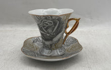 Load image into Gallery viewer, Lot Of 12 Pcs Lorren Home Trends Gray Gold Rose Porcelain Cups And Plates Set
