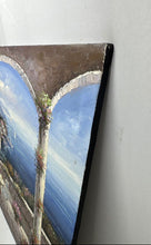 Load image into Gallery viewer, Vintage Mediterranean Coastal View Seaside Terrace Oil Painting Signed P Fielder

