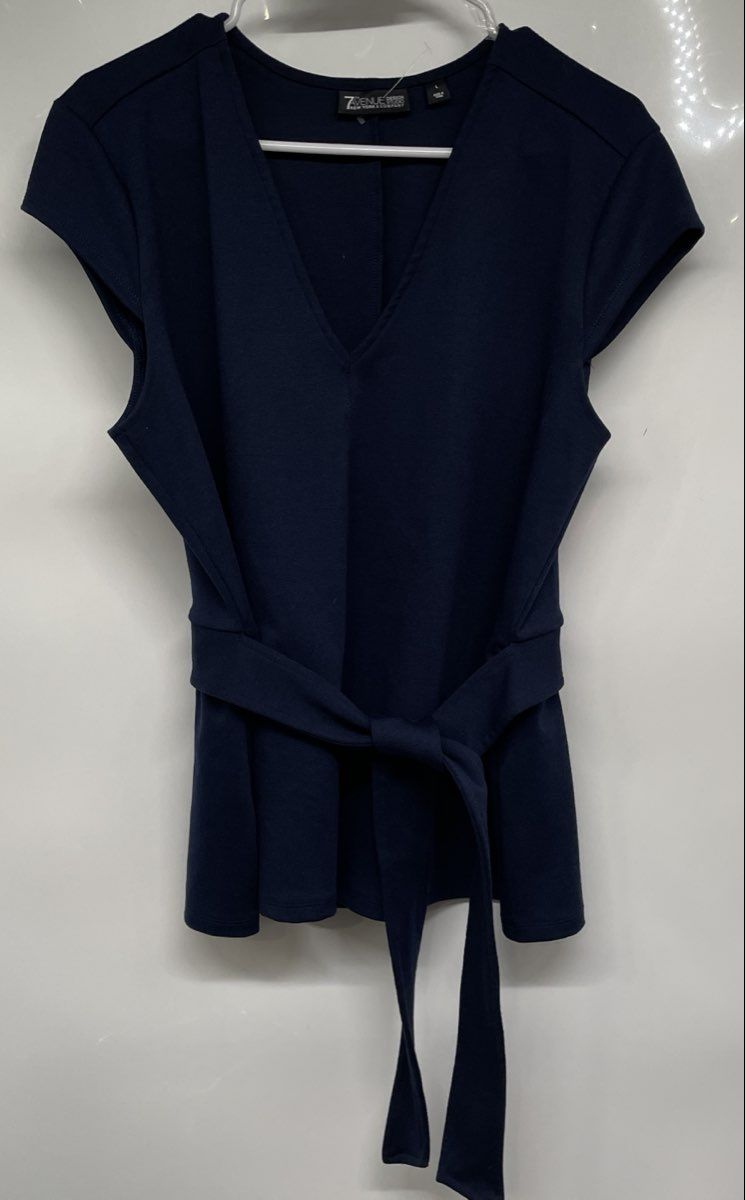 7th Avenue Design Studio NY & Company Womens Blue V-Neck Belted Blouse Top Sz L