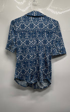 Load image into Gallery viewer, Tory Burch Womens Blue Printed Silk Short Sleeve Button-Up Shirt Size XS
