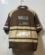 Load image into Gallery viewer, Pacsun Mens Brown Khaki Formula 1 Short Sleeve Embroidered Zip-Up Shirt No Size
