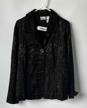 Load image into Gallery viewer, Chico's Womens Black Logo Print Long Sleeve Collared Button Front Jacket Size 3
