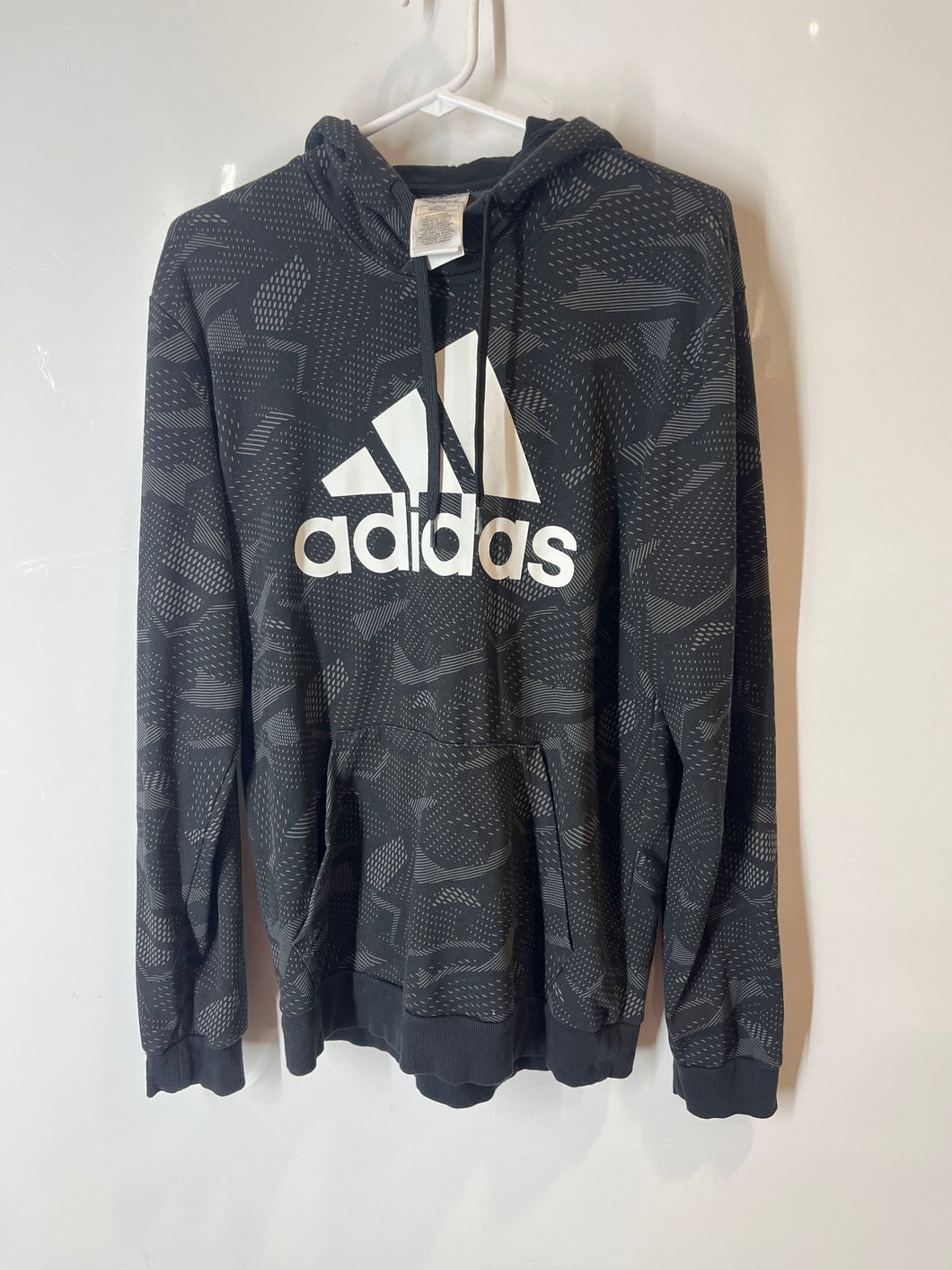 Adidas Mens Essentials Gray Black All Over Print Pullover Hoodie Size Medium