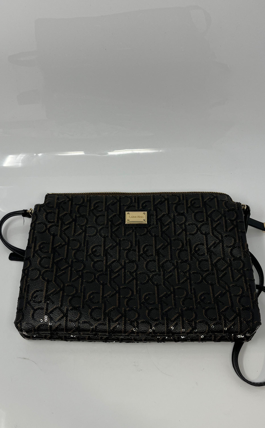 Calvin Klein Womens Black And Brown Leather Inner Divider Zipper Crossbody Bag