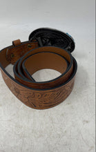 Load image into Gallery viewer, Vintage Unisex Brown Embossed Floral Leather Longhorn Buckle Cowboy Western Belt
