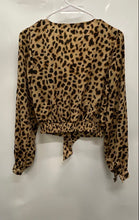 Load image into Gallery viewer, Express Womens Brown Animal Print Long Sleeve V-Neck Cropped Blouse Top Size S
