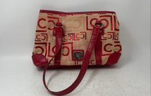 Load image into Gallery viewer, Liz Claiborne Womens Red Pink Monogram Faux Leather Trim Zip Top Tote Handbag
