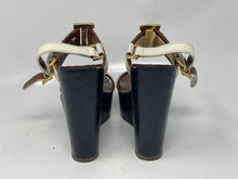 Load image into Gallery viewer, Authentic Tory Burch Womens Brown Blue Wedge Ankle Strap Sandals Size 5M Damaged

