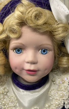 Load image into Gallery viewer, Vintage Collectible Blonde Curly Hair Porcelain Doll In Victorian Dress w/ Stand
