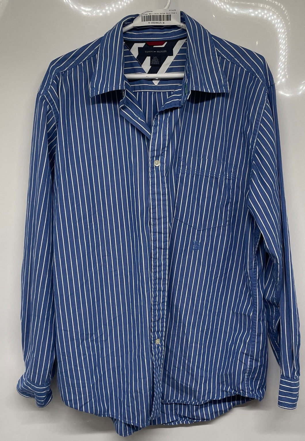Tommy Hilfiger Mens Blue White Striped Cotton Long Sleeve Button-Up Shirt Size L