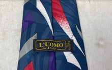 Load image into Gallery viewer, L'uomo Mens Blue Abstract Print Adjustable Keeper Loop Pointed Tie
