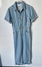 Load image into Gallery viewer, Mango Womens Blue Denim Short Sleeve Collared One-Piece Jumpsuit Size M
