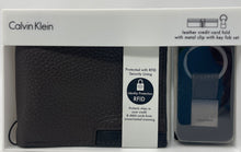 Load image into Gallery viewer, Calvin Klein Mens Brown Leather Credit Card Bifold Wallet w/ Key Fob Set In Box
