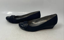 Load image into Gallery viewer, Bandolino Womens Black Silver Patent Leather Slip-On Wedge Pump Heels Size 10M
