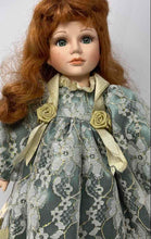 Load image into Gallery viewer, Vintage Collectible Brown Curly Hair Porcelain Doll In Victorian Dress w/ Stand
