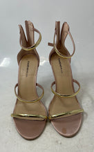 Load image into Gallery viewer, Bebe Womens Berdine Pink Gold Zipper Open Toe Stiletto Strappy Heels Size 9
