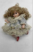 Load image into Gallery viewer, Collectible Victorian Style Blonde Hair Blue Porcelain Doll In Gray Lace Dress
