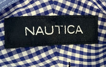 Load image into Gallery viewer, Nautica Mens Blue Gingham Print Collared Long Sleeve Dress Shirt Size Large
