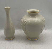 Load image into Gallery viewer, Set Of 2 Pcs Lenox Rose Floral Embossed Ceramic Cream Gold Trim Tabletop Vase
