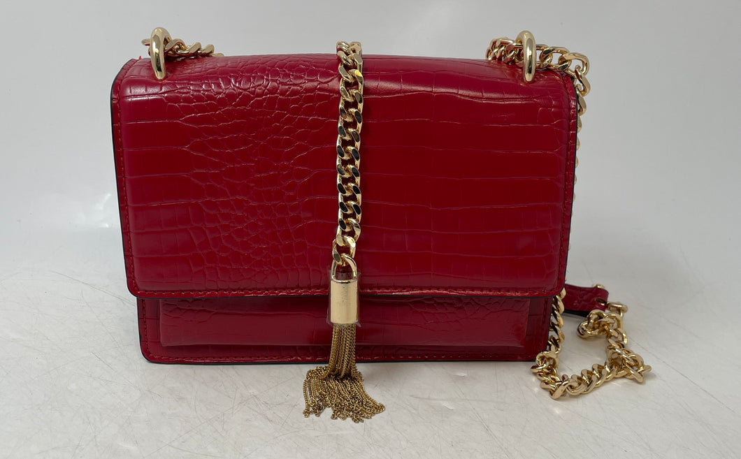 Aldo Womens Miyabel Red Croc Embossed Patent Leather Chain Strap Crossbody Bag