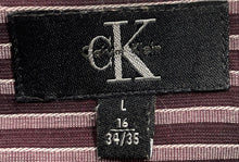 Load image into Gallery viewer, Calvin Klein Mens Burgundy Striped Cotton Collared Dress Shirt Size L 16 34/35
