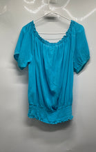 Load image into Gallery viewer, Michael Kors Womens Blue Cotton Short Puff Sleeve Smocked Waist Blouse Top Sz M
