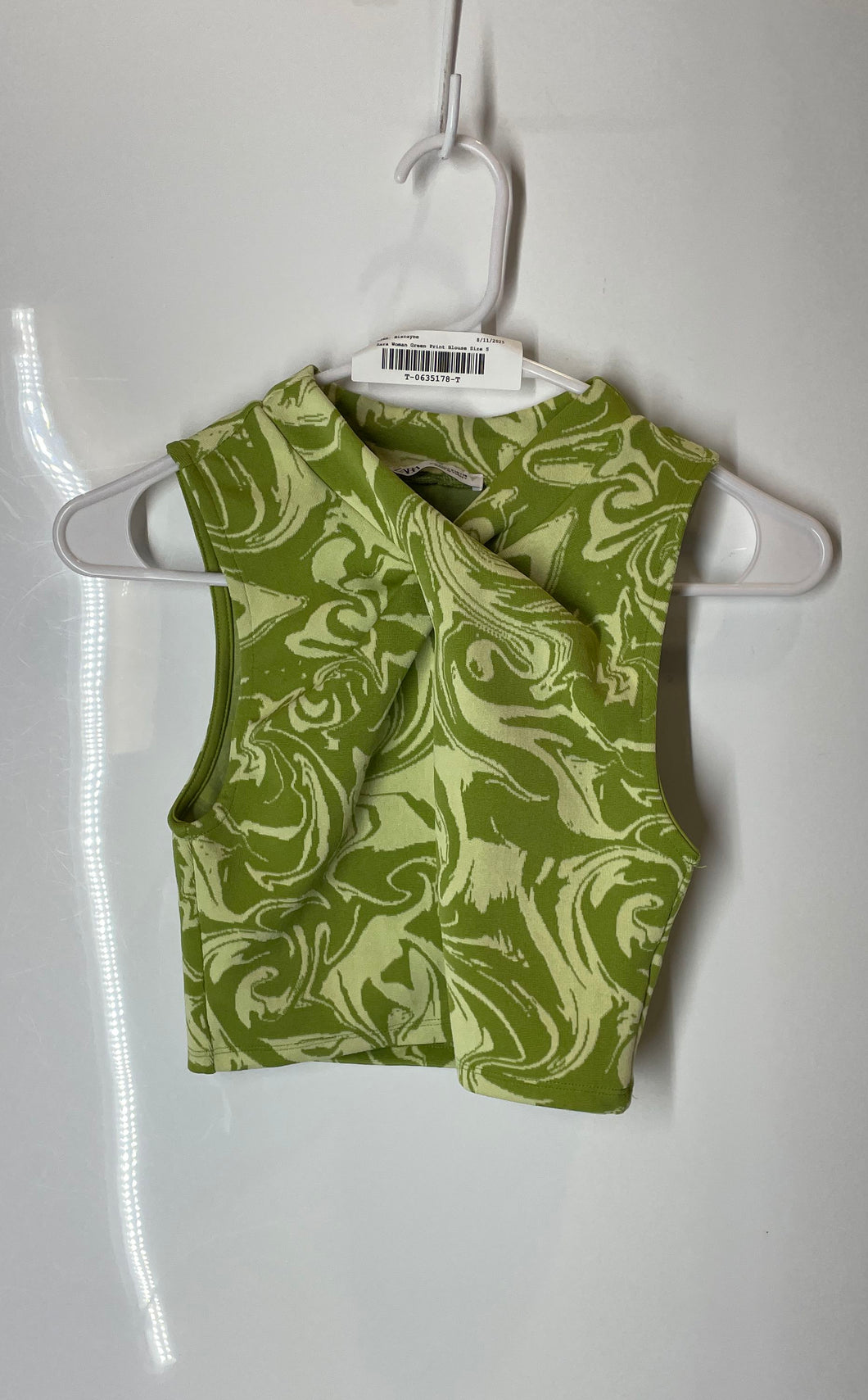 Zara Womens Green Swirl Print Sleeveless V-Neck Cropped Blouse Top Size S