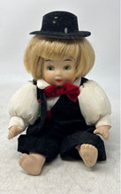Load image into Gallery viewer, Blonde Hair Green Eyes Red Bow Decorative Porcelain Baby Doll With Black Hat
