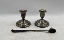Load image into Gallery viewer, Silver Plated 3/2 Inch Console Two Candle Holders With Matching Snuffer
