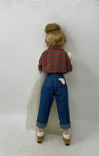 Load image into Gallery viewer, Plaid Shirt White Skirt Blonde Curly Hair Blue Jeans Porcelain Fashion Doll
