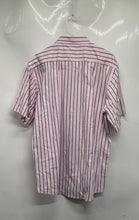 Load image into Gallery viewer, Bogari Mens Pink Blue Striped Short Sleeve Spread Collar Button-Up Shirt Size L
