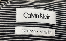 Load image into Gallery viewer, Calvin Klein Mens Black White Striped Slim Fit Non Iron Dress Shirt Sz 16 34/35
