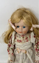 Load image into Gallery viewer, Blonde Hair Blue Glass Eyes Floral Print Dress Girls Porcelain Doll
