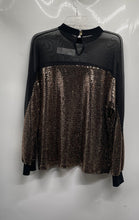 Load image into Gallery viewer, Nine West Womens Black Gold Mesh Sequin Round Neck Long Sleeve Blouse Top Size L
